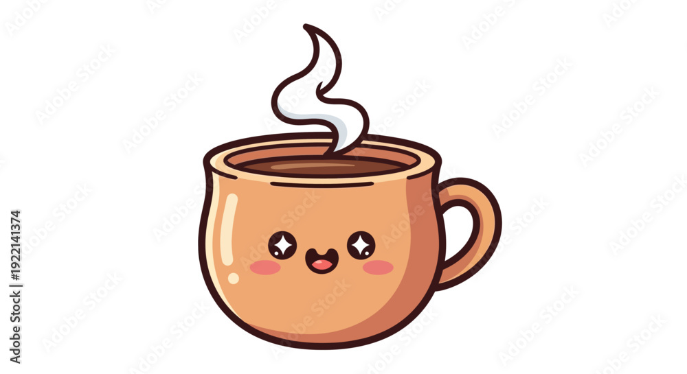 Obraz premium Cute Cartoon Coffee Mug with Steam and Smiling Face.