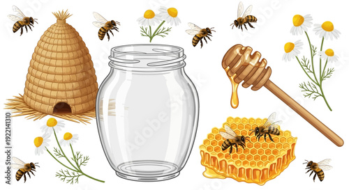 Honey harvest illustration with bees comb dipper jar and hive elements