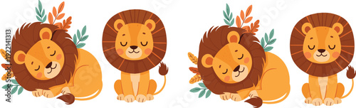 Cute Lion Cartoon Set with Floral Elements Sleeping and Sitting Safari Animal Vector Illustration