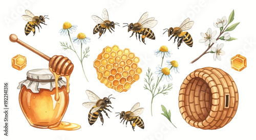 Honey harvest illustration with bees honeycomb honey dipper and jar
