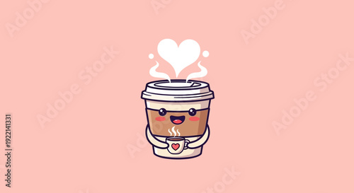 Cute Coffee Cup Character Holding a Smaller Cup with Heart.