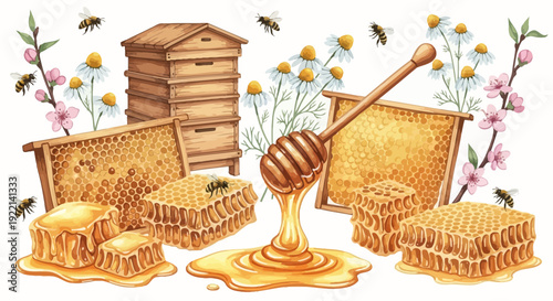 Honey harvesting scene with honeycombs bees and beehive on white background