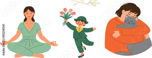 Cute lifestyle characters meditating woman dancing boy with flowers and girl hugging cat cartoon vector illustration
