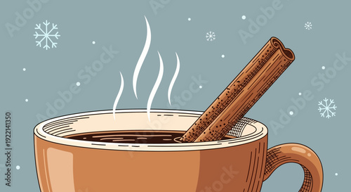Steaming Mug with Cinnamon Stick Winter Beverage Illustration.