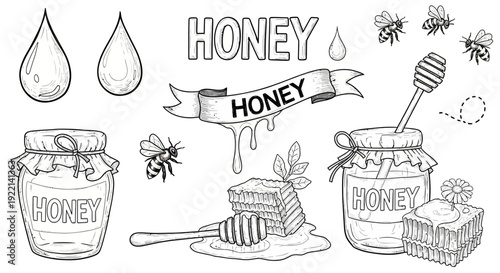Honey illustration with bees and jars vector elements design