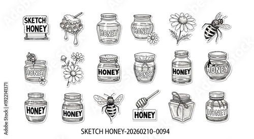 Honey jar and bee collection vector illustration for design elements