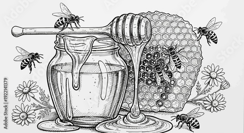 Honey jar and bees illustration delicious sweet natural product design