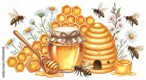 Honey jar beehive and bees illustration with flowers and honeycomb