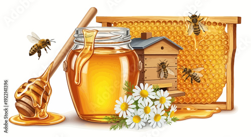 Honey jar beehive and bees illustration nature food design