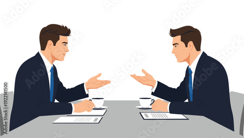 Business meeting illustration featuring two professional men in dark suits sitting across from each other discussing over coffee.
