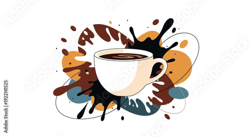 Stylized Coffee Cup with Abstract Splashes and Decorative Elements.