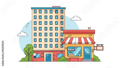Charming city street illustration featuring a tall apartment building next to a cozy shop with a red striped awning and a pedestrian.