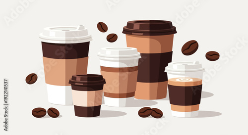 Assorted Coffee Cups and Beans Illustration on White Background.
