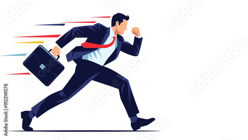 Businessman in a dark blue suit running fast with a briefcase in hand, symbolizing success, urgency, and professional ambition.