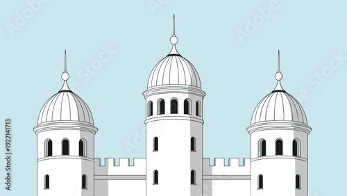 Architectural illustration of three white towers with domed roofs and small windows against a clear light blue sky background for travel.