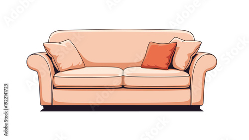 Comfortable peach colored sofa with plush cushions and a decorative orange pillow, perfect for home interior and living room furniture sets.
