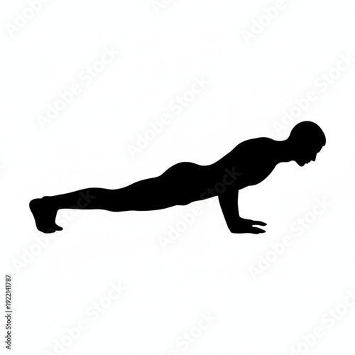 Side view silhouette of a fit man doing push ups on white background