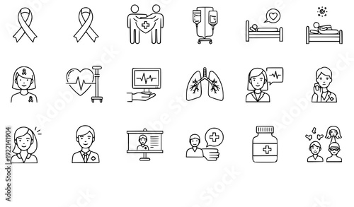 Editable Stroke Cancer Healthcare Support and Treatment Vector Icon Set