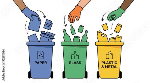 People hands sorting trash into colorful recycle bins, paper glass and plastic waste management vector