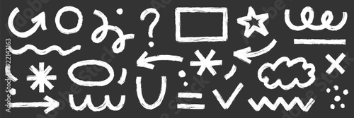 Brush arrow shape set. Arrow marker brush stroke forms, abstract organic asterisk, grunge circle elements. Shape with hand drawn scribble sketch graphic art texture background. Vector illustration