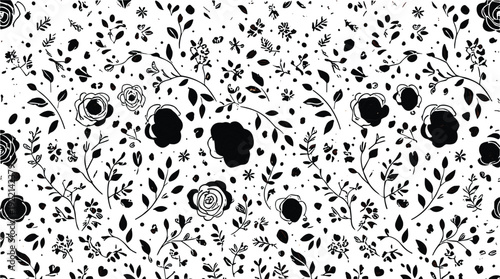 Elegant black and white floral seamless pattern with hand drawn roses leaves and botanical elements vector illustration