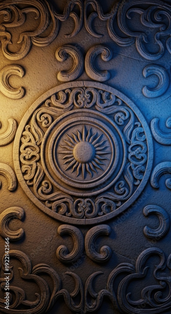 Obraz premium Intricate Stone Carving with Circular Motif and Ancient Design.