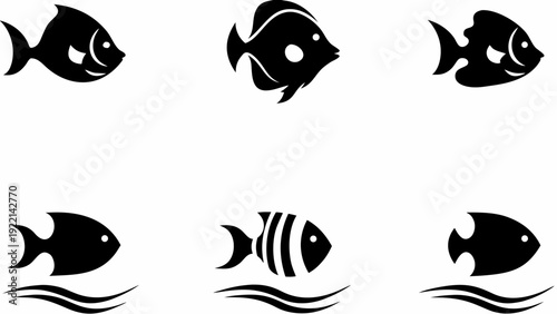 Set of modern fish silhouettes swimming in ocean waves
