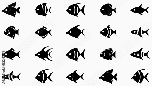 Collection of various black fish silhouettes swimming