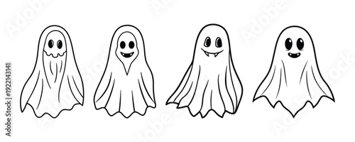 Four cute cartoon ghost characters with various expressions, perfect for halloween celebrations and spooky designs