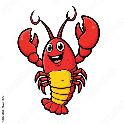 Red crayfish cartoon character with claws up on white background