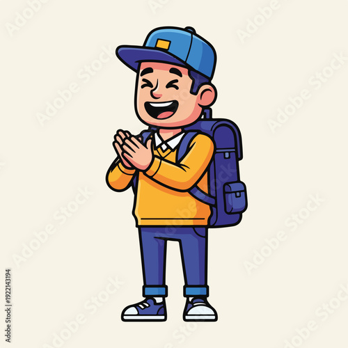Cheerful cartoon boy with backpack and cap smiling and clapping hands