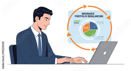 Businessman working on laptop with insurance portfolio rebalancing diagram