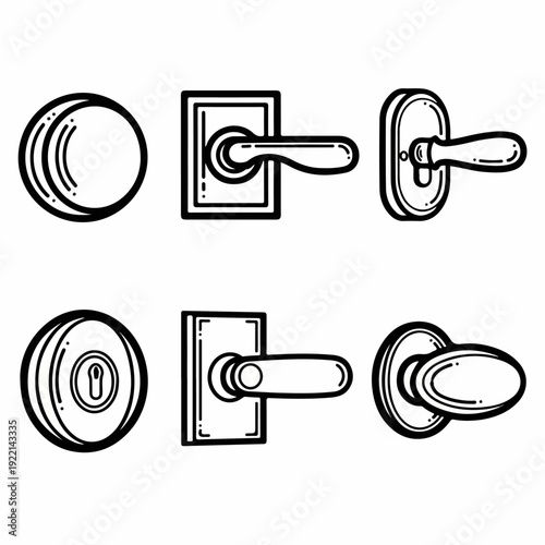 Collection of hand-drawn door knobs and lever handles in black and white line art style, featuring various types of home hardware for access and security.