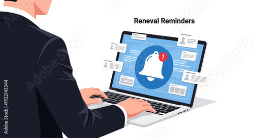 Businessman working on laptop with renewal reminder notification