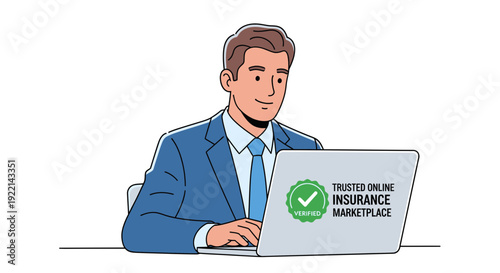 Businessman working on laptop with online insurance marketplace concept