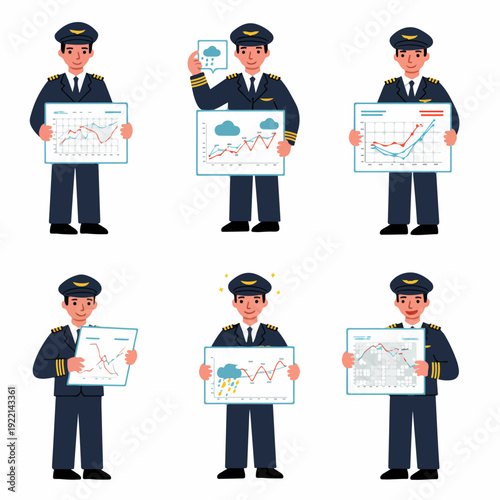 Pilot analyzing various flight and weather charts for aviation planning and operational decisions, showcasing data review essential for safe air travel.