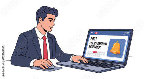 Businessman working on laptop with reminder for policy renewal