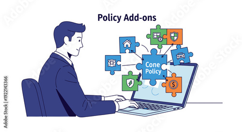 Businessman working on laptop with policy add ons concept vector illustration