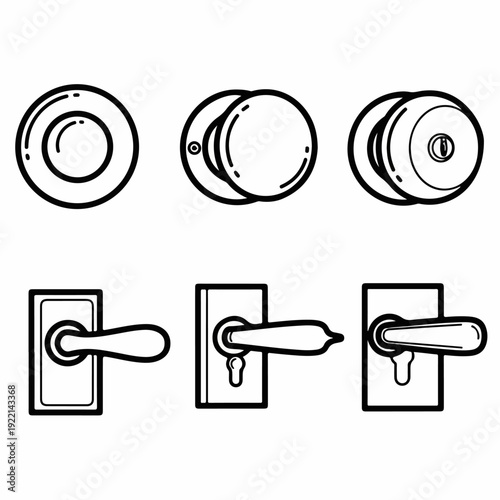 Collection of Door Hardware Icons including Knobs and Lever Handles, Perfect for Architectural and Security-related Designs