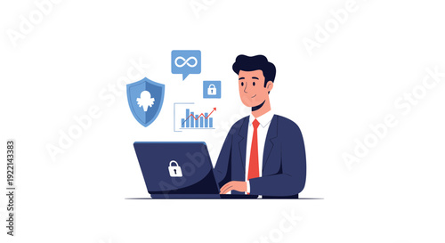 Businessman working on laptop with security shield and data analysis
