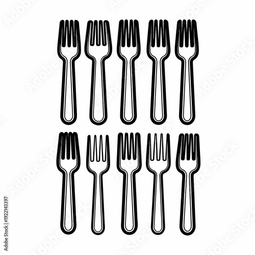 A grid of ten stylized black outline forks on a white background, representing modern cutlery and dining aesthetics in a clean, minimalist design.