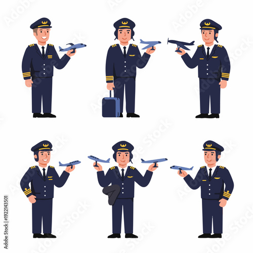 A collection of cheerful cartoon pilots in uniform, holding miniature airplanes, representing the aviation industry and air travel careers.