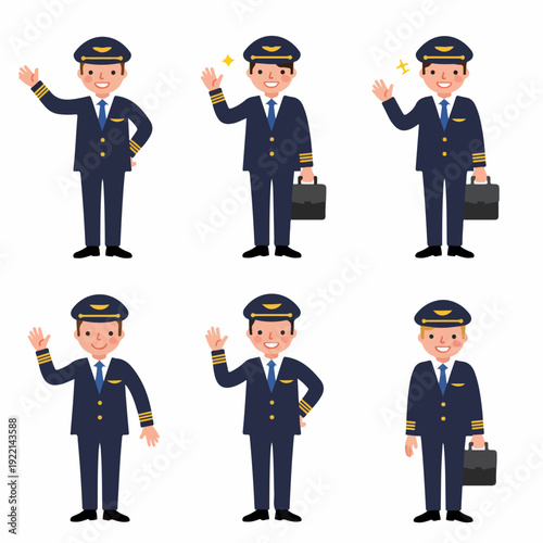 Collection of six friendly cartoon pilots in uniform, waving and holding briefcases. Diverse poses of aviation professionals for commercial use.