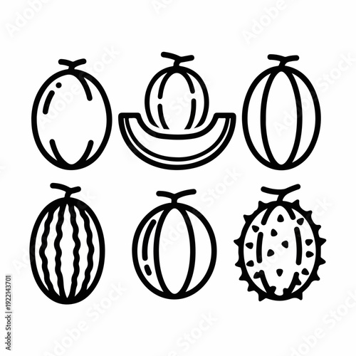 Set of Black Line Art Melon and Watermelon Icons: Hand-Drawn Fruit Illustrations for Healthy Eating and Summer Produce Concepts