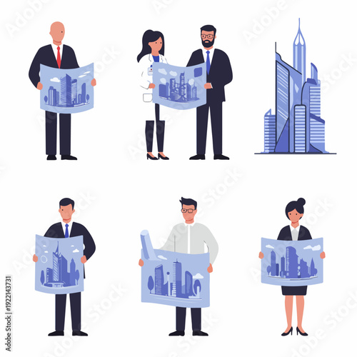 Architects, engineers, and business professionals reviewing urban development plans and city blueprints. Modern cityscape design and construction concepts.