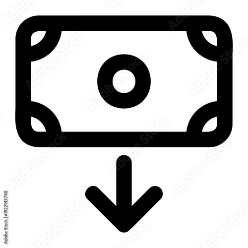 Vector icon of a banknote with a downward arrow, representing money outflow, spending, payment, and financial decrease.