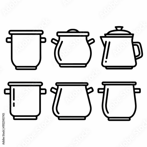 Minimalist Line Art Set: Diverse Cooking Pots, Saucepan, Stockpot, and Kitchen Pitcher Icons for Culinary Design.
