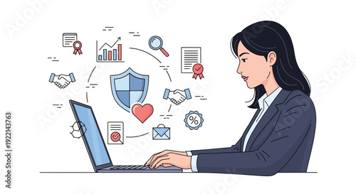 Businesswoman working on laptop with financial symbols and security elements