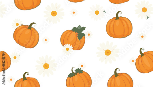 Seamless autumn pumpkin and daisy flower pattern cute fall harvest background vector illustration
