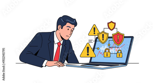 Concerned man viewing laptop screen with security warnings and data protection